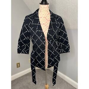 EUC Halogen Black White Belted Blazer Geometric Pattern Sz Medium Petite MP